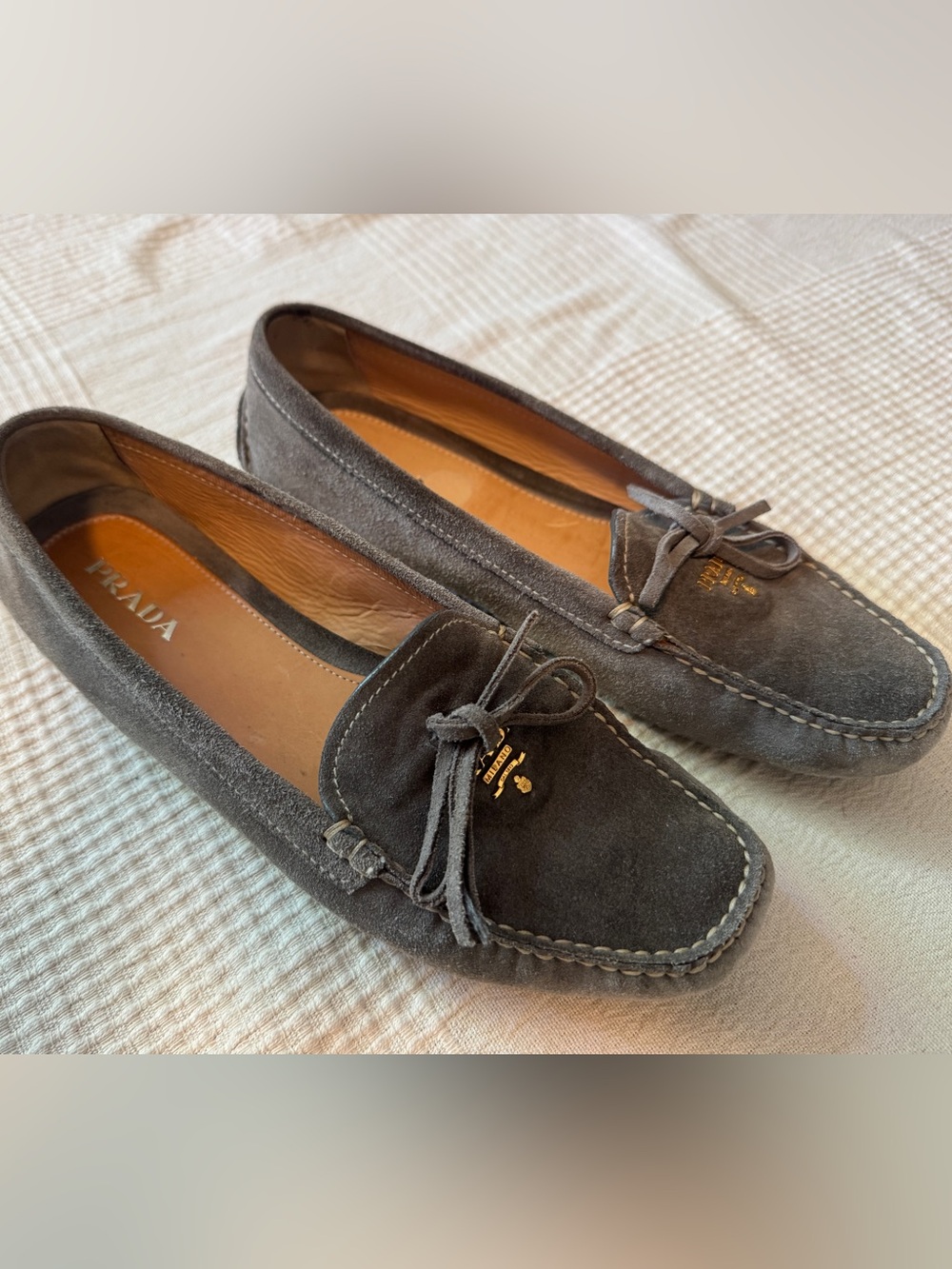Prada Gray Suede Driving Mocassins with Gold Logo - Picture 2 of 7